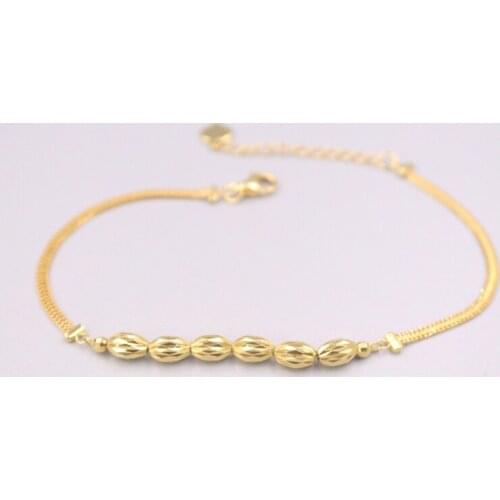 Pure 18K Yellow Gold Bracelet Lucky Carved Oval Olive Beads Link Chain Adjustable Bracelet Woman Gift 3.3g