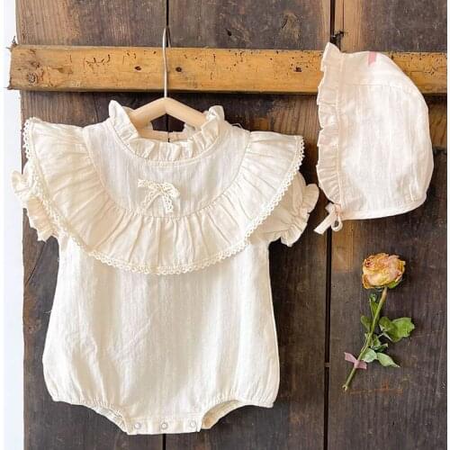 Korean Style Newborn Baby Girls Cotton Short Sleeve Jumpsuit+Hat Summer Baby Girls Clothes Infant Baby Girls Bodysuits