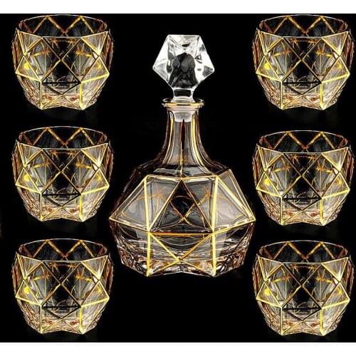 Crystal Nordic Style Whiskey Wine Glass Set 6 Creative Flagon Retro Luxurious Cups and Wine Glass Metal Tacas Cups BD50WG