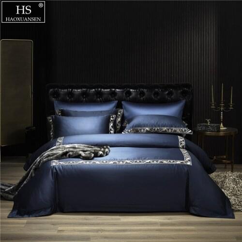 Sapphire Blue Delicate Embroidery Flowers Long Staple Cotton 4Pieces Bedding Set Queen King Size Duvet Cover Pillowcase Bedsheet