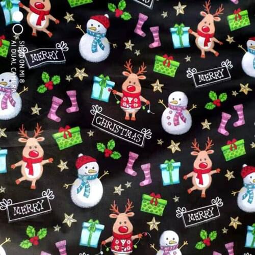 Beautiful Wide 140cm Black Cartoon Christmas Snowman Elk Print Cotton Fabric Quilting Patchwork Sewing Material Diy Clothing