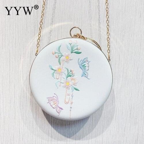 Round White Clutch Wallet Handbag And Purse Evening Party Bags Chinese Ethnic Embroidered Clutch Purses For Women Clutches Chain