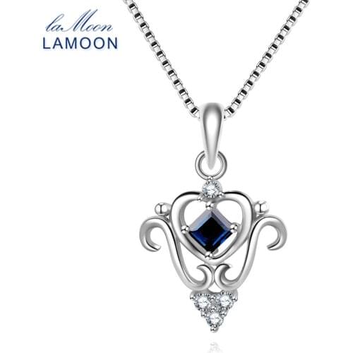 LAMOON Princess Cut 100% Real Square Sapphire 925 Sterling Silver Chain Pendant Necklace Jewelry S925 LMNI055