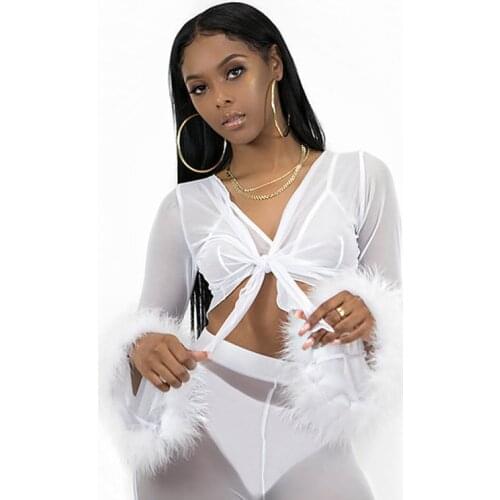 Summer Women Sexy Short Blouse Fashion Ladies Long Sleeve Fur V-neck Wrapped Bandage Tops High Quality bow knot Shirts