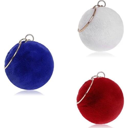 Round Metal Gold Diamods Shoulder Small Female Handbags Winter Women Rabbit Fur Clutch Evening Bags For Ladies Party Purse