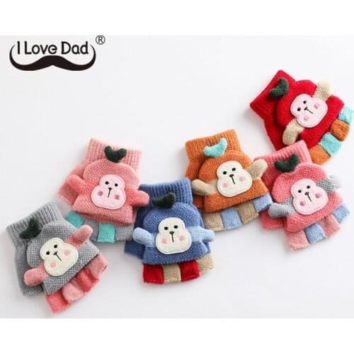 Cute Cartoon Kids Gloves Warm Winter Knitted Children Girl Boy Fingerless Gloves With Flip Toddler Half Finger Gloves Mittens