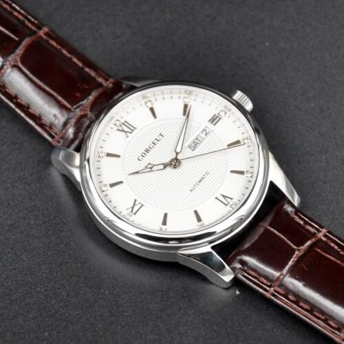 CORGEUT 40mm Mens Sapphire Miyota Automatic date week Leather Steel Case Gold Watches mechanical white dial Watch часы мужские