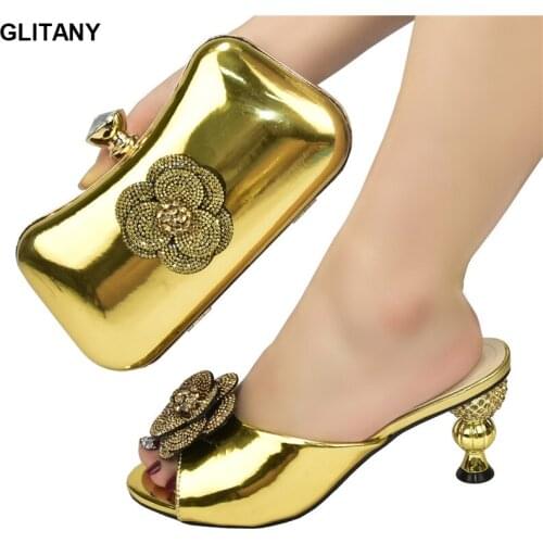 New Fashion African Women Wedding Shoes and Bag Set Decorated with Rhinestone Nigerian Woman Shoe High Quality Slip on Pumps