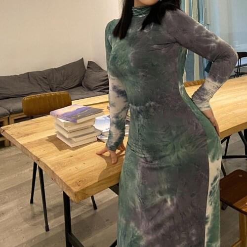 Bodycon Dress Tie Dye Print Skinny Stretchy Long Sleeve Turtleneck Ankle Length Dress for Dating Femme Clothing Purple xxxl