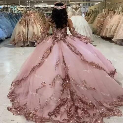 Princess Sequined Sweet 16 Quinceanera Dresses Dusty Pink Ball Gown Glitter Long Sleeve Prom Dress 15 Birthday vestidos formales