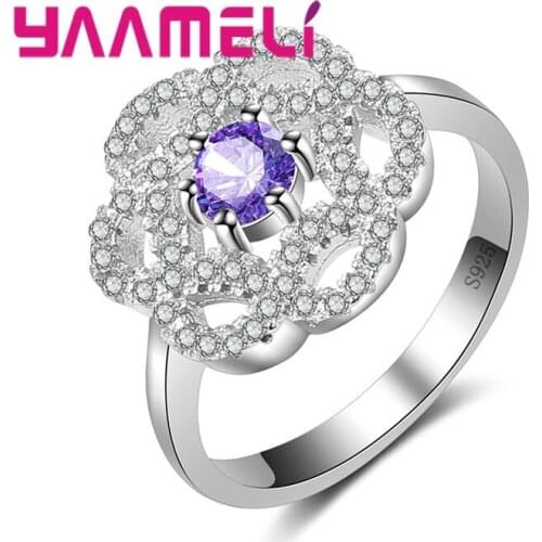 Luxury Women Shiny Cubic Zirconia Flower Ring Stamped 925 Sterling Silver Big Crystal Rings For Weddings/Engagement