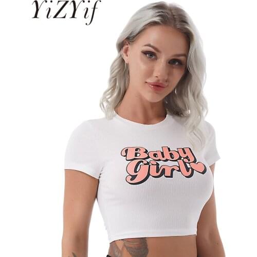 Womens Short Sleeve Cropped T-shirt Streetwear Fashion Letter Print Ribbed Crop Top Round Neck Female Camisole Vest Top