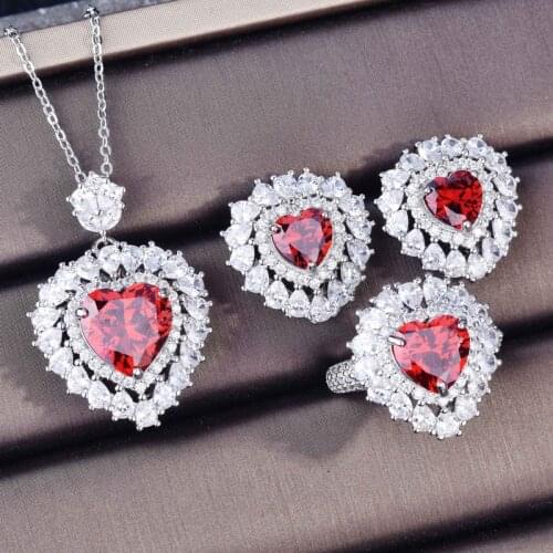 Vintage Fine Heart Jewelry Set For Women Trend Wedding Party Ring Necklace Charm Piercing Earrings With Red Natural Stone Zircon