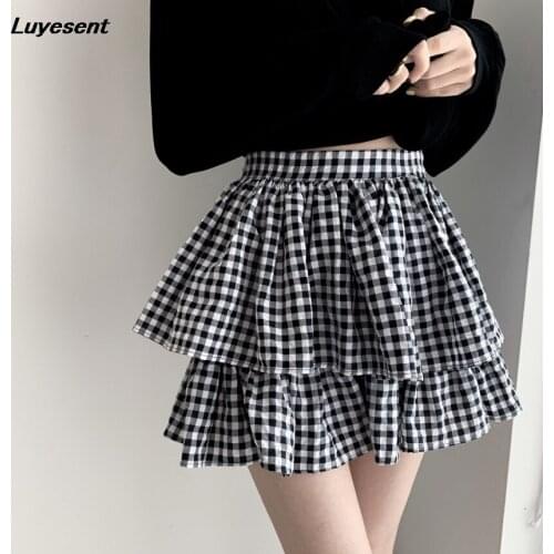 Gothic High Waist Girl Plaid Mini Skirt Summer Black White Lady Pleated Midi Sexy Skirts Harajuku Y2k Korean Fashion Clothes