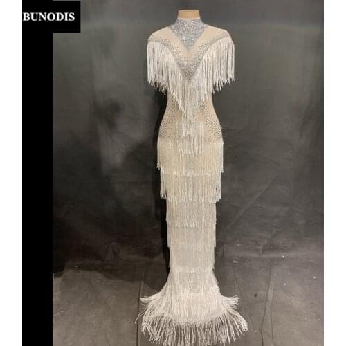 ZD452 Women Sexy White Net Yarn Long Tassel Skirt Sparkle Crystals Nightclub Birthday Party Stage Wear Dancer Singer Bling