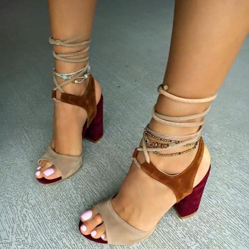 ASHIOFU Handmade Women Block Heel Sandals Shoelace Ankle Strap Summer Shoes Party Prom Fashion Sandals Shoes