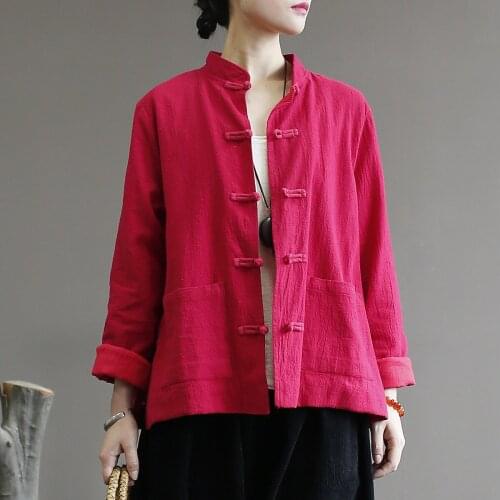 Johnature Women Chinese Style Shirts Stand Button Pockets Blouses 2021 Autumn New Solid Color Vintage Long Sleeve Women Tops