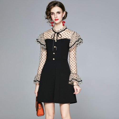 2021 New Autumn Fashion Runway Designer Dresses Womens Mesh Ruffles Flare Sleeve Patchwork Vestido Da Festa