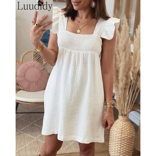 Women Solid Color Ruffle Design Plain White Dress