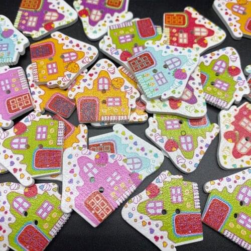 1000pcs Wood Buttons 2 Holes Christmas House Shape Snowman & Christmas Tree Painted 30x25mm