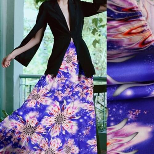 118CM Wide 19MM 93% Silk & 7% Spandex Pink Floral Blue Stretch Silk Satin Fabric for Summer Dress Shirt Clothes Cheongsam D844