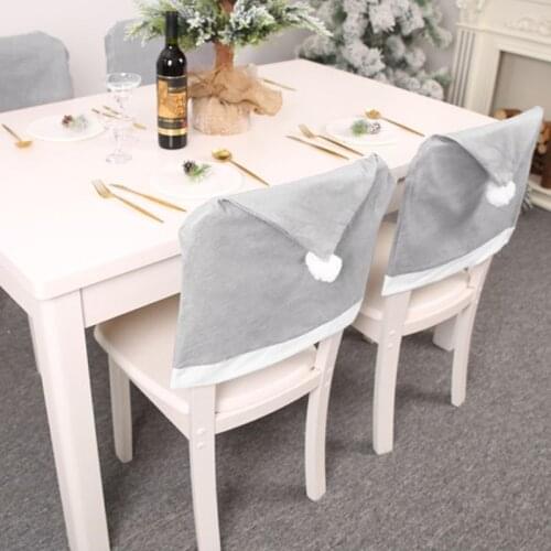 4Pcs/Set Christmas Chair Back Covers Classic Gray Santa Claus Hat Non-Woven Fabric Slipcover with Pompom Ball Home Decoration