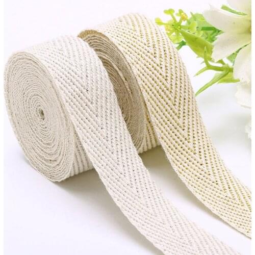50 Yards/Roll 10mm/15mm/20mm/25mm 100% Cotton Herringbone Twill Silver/Gold Wire Beige Webbing Tape Garment Sewing Ribbon