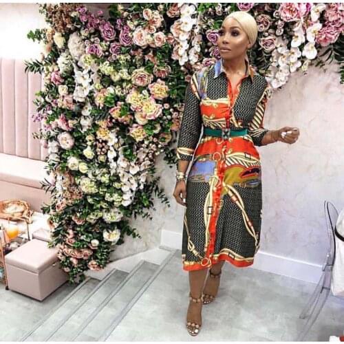 Africa Clothing New Spring Printed Dress Women Long Sleeve Turn-down A-Line Jacquard Sashes Vintage Maxi Dress Bohemia Beach
