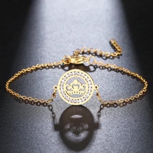 CACANA 316L Stainless Steel For Women Crystal Bracelet Classic Crown Round Bracelets Gold Color Engagement Gifts Jewelry New