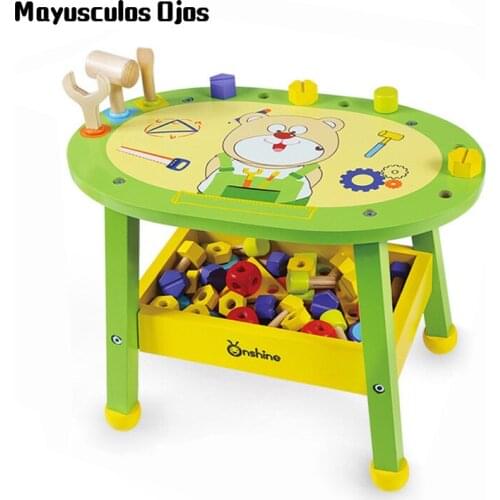 Childrens Wooden Simulation Repair Tool Table Boy Play House Nut Building Block Assembling Educational Toy