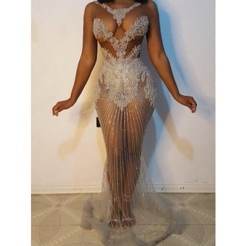 Sparkly Illusion Mermaid Prom Dresses 2021 Arabic African Luxurious Beaded Crystal Plus Size Women Formal Evening Party Gowns