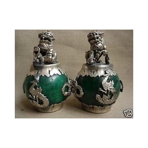 CHINESE PAIR OF Tibet SILVER DRAGON JADE Foo dog STATUE Buddha Garden Decoration 100% real Tibetan Silver Brass