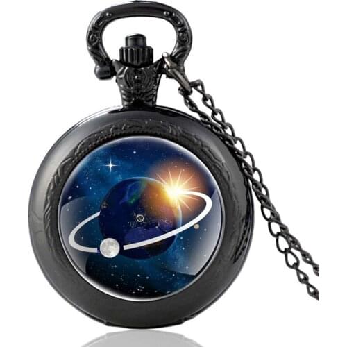 Classic Moon And Earth Black Vintage Quartz Pocket Watch Pendant Clock Watch Men Women Unique Jewelry Necklace Gifts