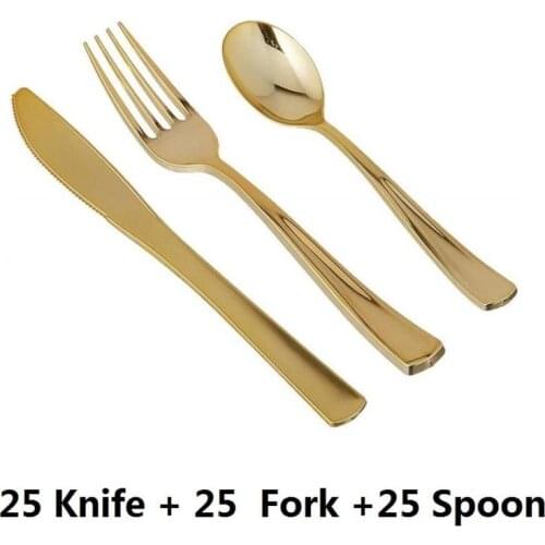 75pcs Disposable Wedding Plastic Cutlery Gold Tableware Set Dessert Fork Ice Cream Spoon Knife Party Dinnerware Golden Flatware
