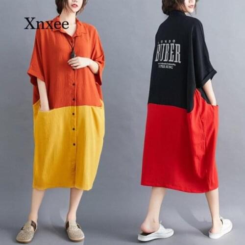 Japanese Shirt Dress Patchwork European Street Style Cotton Linen Big Sizes Dresses Print Short Sleeve Hit Color Women Clothing