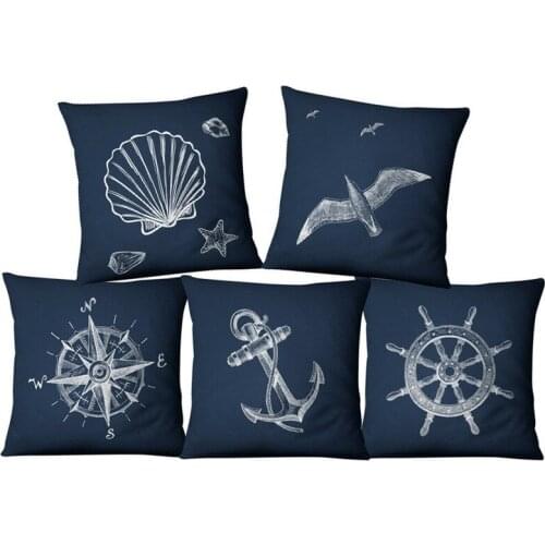 Blue Compass Nautical Marine Style Linen Pillow Case Mediterranean Sofa Cushion Cover Home Textile