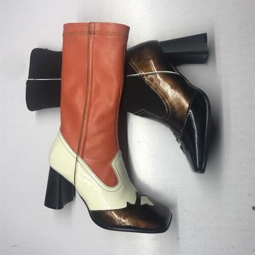 Sexy Ladies Mixed Colors Leather patchwork Ankle Boots Chunky Heels Square toe Martin Boots Women Stretch Leather Bottine