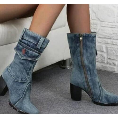 Spring autumn Denim boots for Women Mid-rise Solid color Large Size Shoes woman Slip-On Chunky Med Heels Mid-calf Boots 35-43