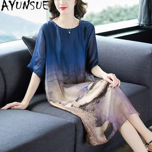 AYUNSUE Woman Silk Dress Summer 2021 Floral Casual Plus Size Dress Female Midi Vintage Dresses for Women Party Vestido KJ6563