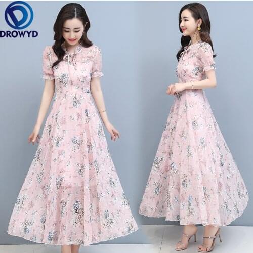 Summer Floral Printed Chiffon Dress for Women 2021 Fashion Pink Floral Print Short Sleeve Long Dresses Elegant Party Vestidos