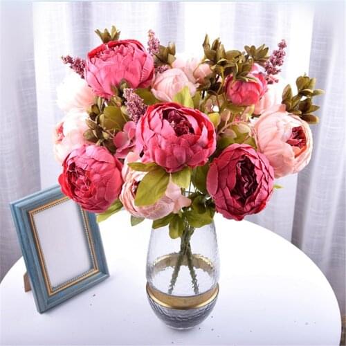 1Bunch European Artificial Peony Flowers Vivid Silk fake Flowers Peonies For Home Hotel decor DIY Wedding Decoration Drop ship