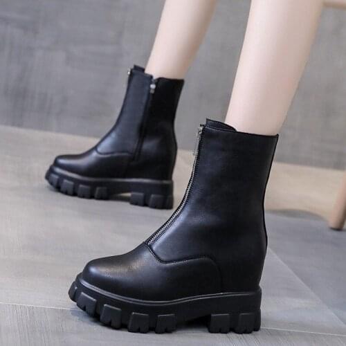 2020 Spring Women White Boots Autumn Fashion Black Leather Platform Gothic Boots Punk Combat Mid-Calf Boots for Women size 34-40