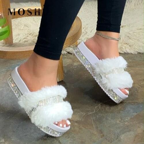 2021 Fashion Summer Fur Slides for Woman Fur Slippers Women Rhinestone Sandals Fluffy Female Shoes Glitter Indoor Diamond Shoes