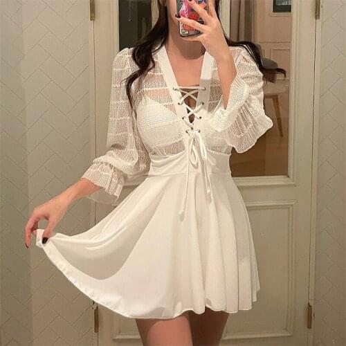 2021 New Korean Women Sexy One Piece Swimsuit V-neck Bandage Long Sleeve Swimwear Monokini Tight Fitting Beachwear Skirt