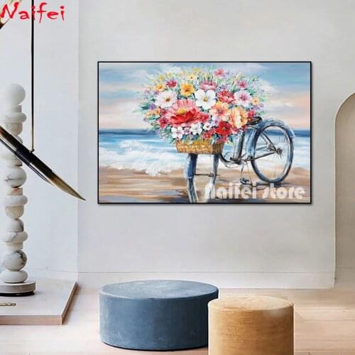 5D Diy Diamond Painting Seaside Scenery Diamond Embroidery The Flower On The Bike Full Drill Rhinestones Cross Stitch Home Decor