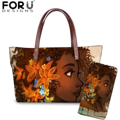 FORUDESIGNS Sac A Main Black Art African Girl Printing 2pcs/set Handbags&Wallets Ladies Fashion Hand Bag for Girls Book Bags