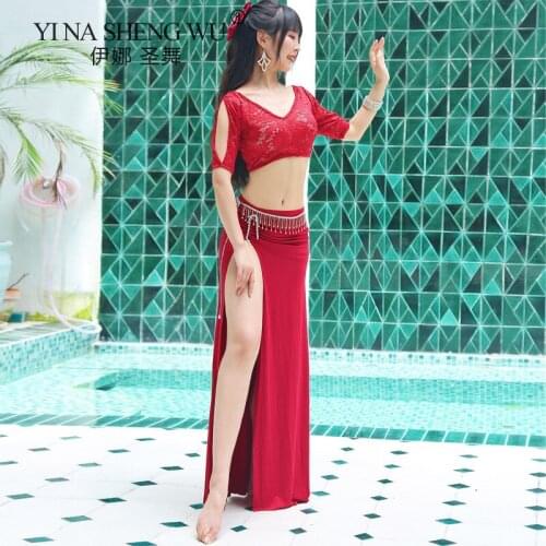 Belly Dance Suit New Sexy Lace Top Half Sleeve Slit Skirt Beginner Dance Practice Clothes Oriental Dancer Elegant Sportswear