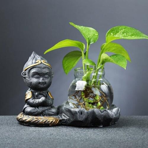 Creative The Monkey King Cement Hydroponic Succulents Flower Glass Pot Vase Small Ornaments Tea Pet Teaware Home Decor Gifts