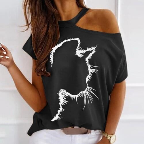 Summer New T Shirt Womens Cat Print Short Sleeved O-Neck Loose Tops Fashion Sexy Strapless Plus Size Clothing футболка женский