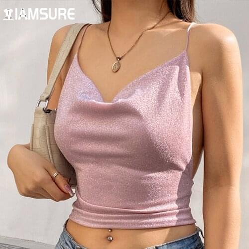 IAMSURE Sexy Sparkle Camisoles For Women Party Night Club Wear Slim Solid Backless Sleeveless Tank Tops 2021 Summer New Fashion